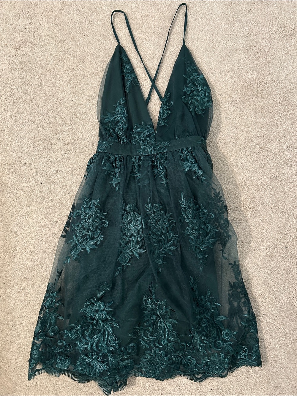 Lulu's Teal Floral Lace Plunging V-Neck Mini Dress